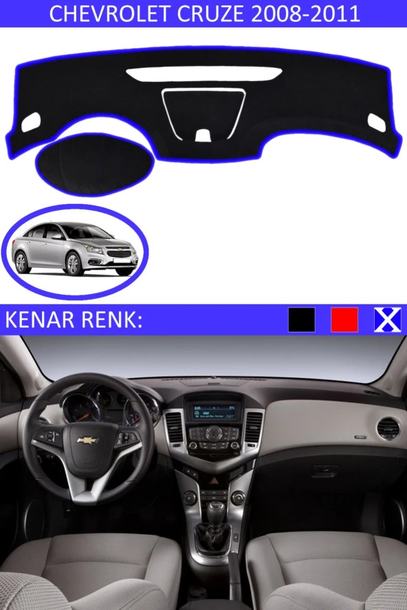 Chevrolet Cruze 2008-2011 Için Uygun Torpido Koruma Halısı Siyah Kenar Renk Mavi