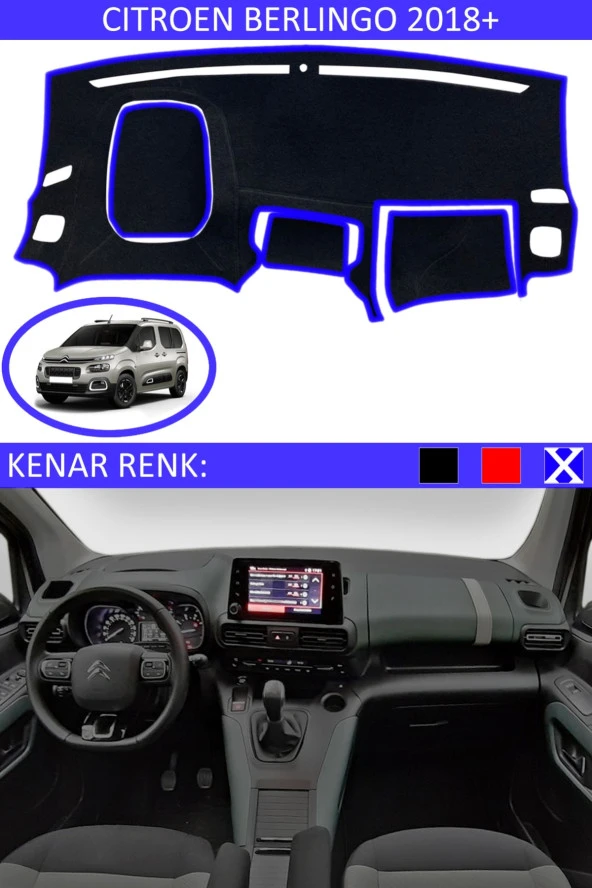Citroen Berlingo 2018+ Modelleri Için Uygun Torpido Koruma Halısı Siyah Kenar Renk Mavi ürün görseli