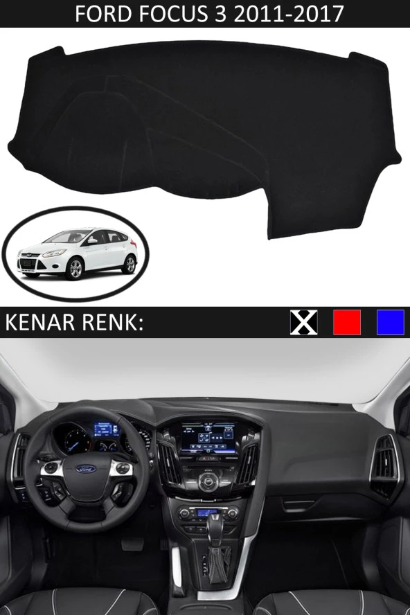 Ford Focus 3 2011-2017 İçin Uygun Torpido Koruma Halısı Siyah Kenar Renk Siyah - 1