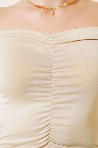 Önü Büzgülü Body Bej - Resim 4