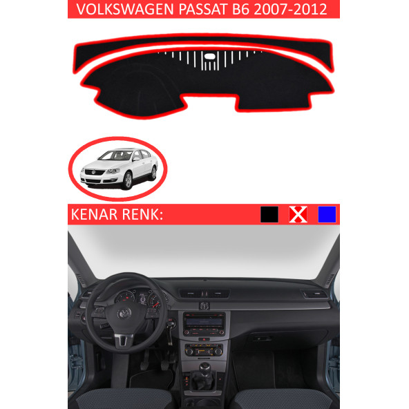 Volkswagen Passat 2007-2012 Modelleri Için Uygun Torpido Koruma Halısı Siyah Kenar Renk Kırmızı