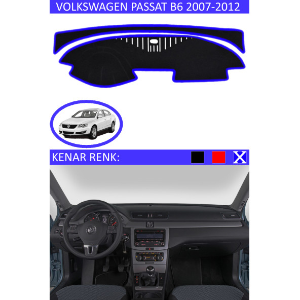 Volkswagen Passat B6 2007-2012 Için Uygun Torpido Koruma Halısı Siyah Kenar Renk Mavi ürün görseli