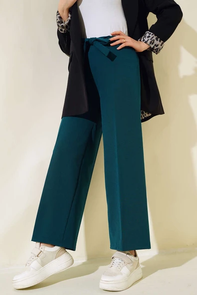 Kuşak Bağlamalı Dabıl Pantolon Zümrüt Yeşili