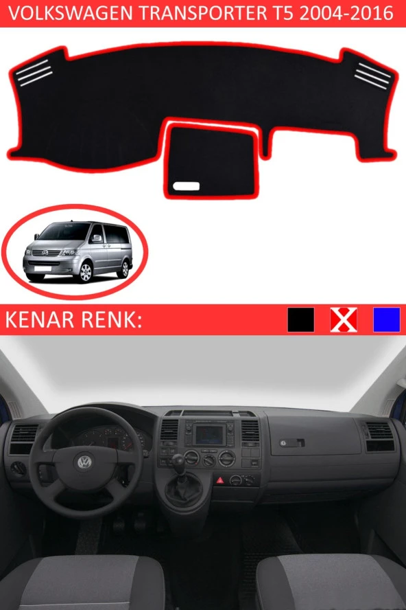 Volkswagen Transporter T5 2004-2016 Için Uygun Torpido Koruma Halısı Siyah Kenar Renk Kırmızı