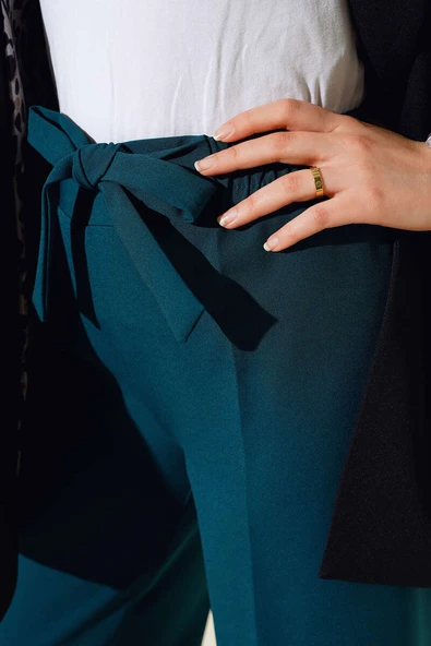 Kuşak Bağlamalı Dabıl Pantolon Zümrüt Yeşili - 4