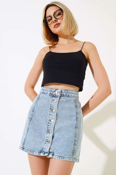 Düğmeli Mini Kot Etek Kar Yıkama - Resim 2