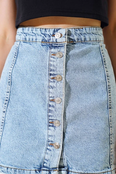 Düğmeli Mini Kot Etek Kar Yıkama - 4