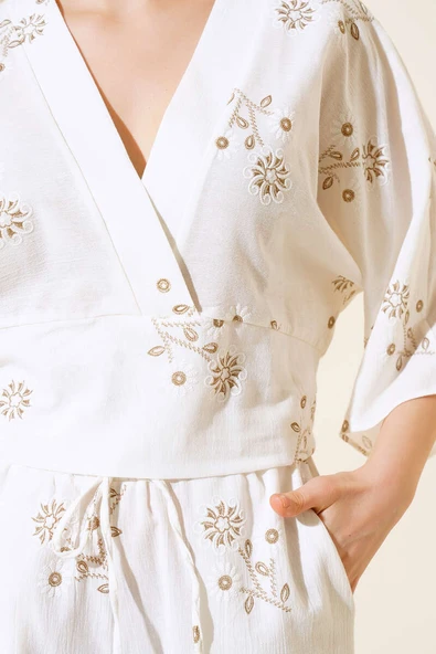 Yarasa Kol Nakışlı İkili Takım Ekru - Resim 4