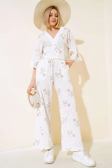 Yarasa Kol Nakışlı İkili Takım Ekru ürün görseli 1