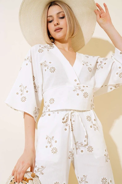 Yarasa Kol Nakışlı İkili Takım Ekru - Resim 2