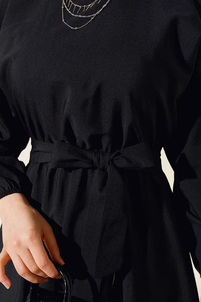 Bel Lastikli Elbise Siyah - Resim 4