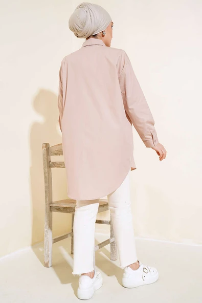 Önü Taş Detaylı Uzun Gömlek Latte - Resim 3