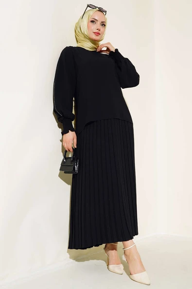 Kol Yanı Taşlı Krep Takım  Siyah ürün görseli 1