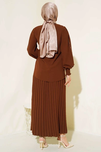 Kol Yanı Taşlı Krep Takım  Kahve - 3