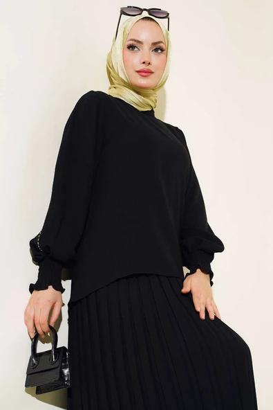Kol Yanı Taşlı Krep Takım  Siyah - Resim 2