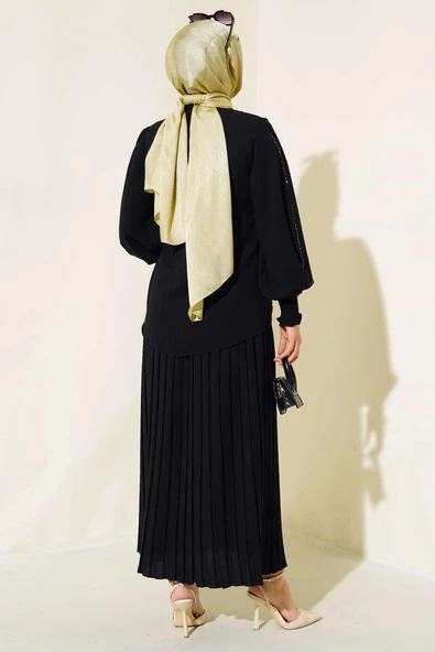 Kol Yanı Taşlı Krep Takım  Siyah - Resim 3