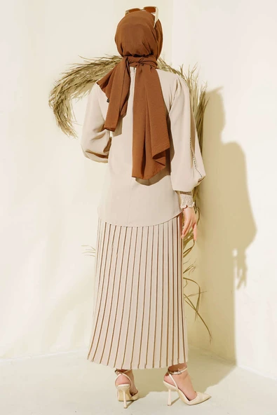 Kol Yanı Taşlı Krep Takım  Bej - Resim 3