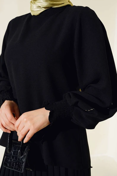 Kol Yanı Taşlı Krep Takım  Siyah - Resim 4