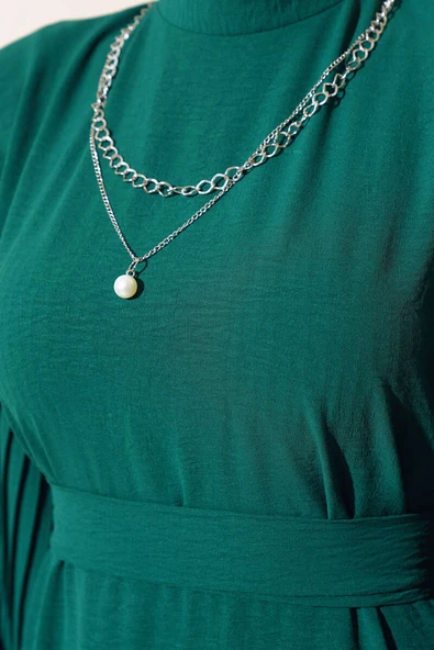 Kol Piliseli Elbise Zümrüt - 4