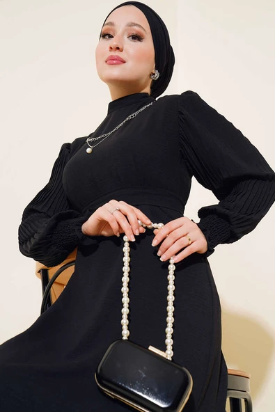 Kol Piliseli Elbise Siyah - 2