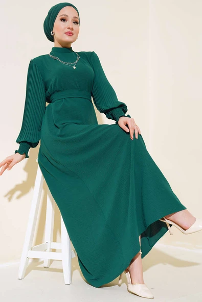 Kol Piliseli Elbise Zümrüt - Resim 2