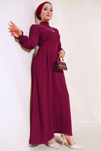 Kol Piliseli Elbise Bordo ürün görseli 1