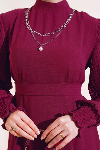 Kol Piliseli Elbise Bordo - Resim 4