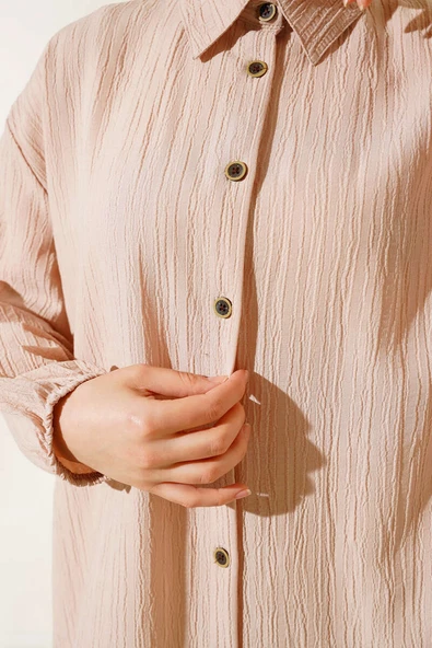 Boydan Düğmeli Uzun Tunik Bej - Resim 4