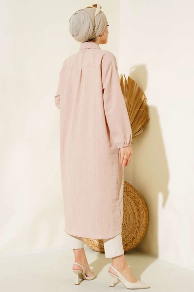 Boydan Düğmeli Uzun Tunik Bej - Resim 3