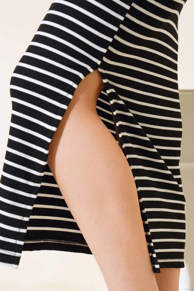 Yatay Çizgili Etekli İkili Takım Siyah - Resim 4