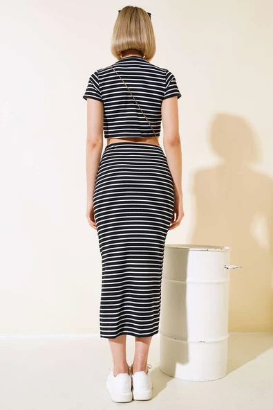 Yatay Çizgili Etekli İkili Takım Siyah - Resim 3