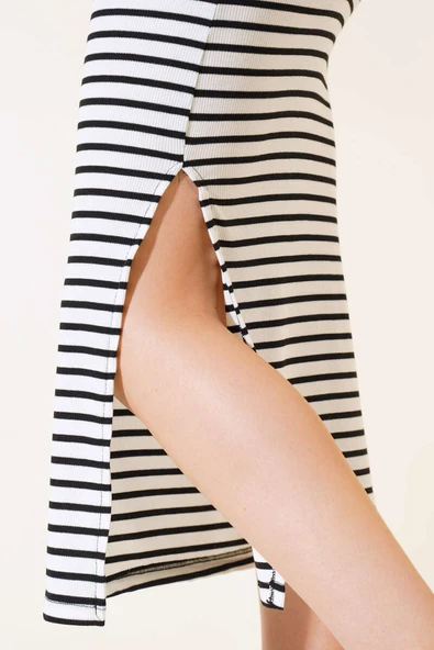 Yatay Çizgili Etekli İkili Takım Ekru - Resim 4