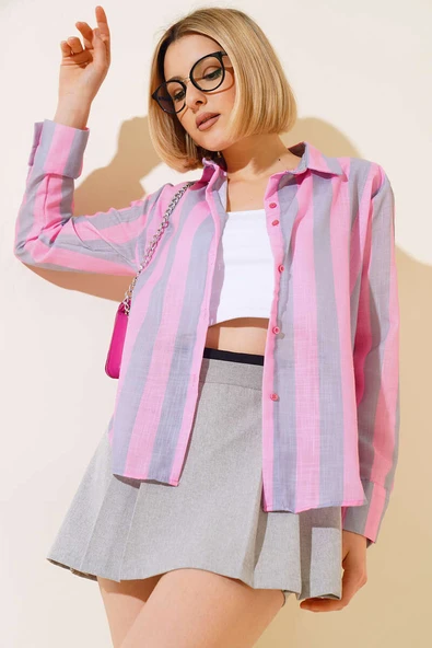 Kalın Çizgili Gömlek Pembe - 2