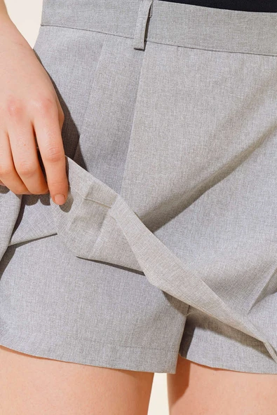 Pileli Mini Şort Etek Gri - 4