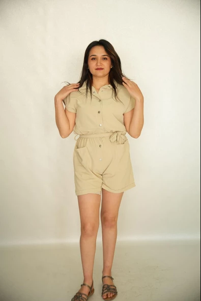 Lüx Kalite Linda Keten Beli Lastikli Şort Tulum - 4