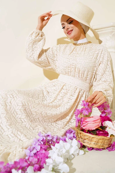 Dantel Kat Elbise Bej - Resim 2