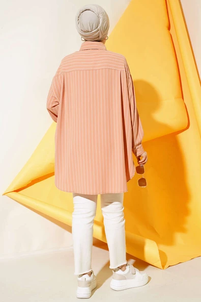 Dik Çizgili Salaş Gömlek Camel - 3