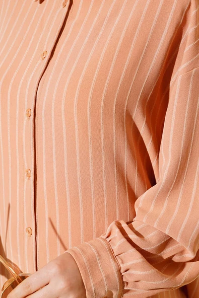 Dik Çizgili Salaş Gömlek Camel - 4