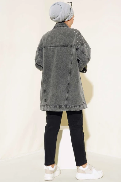Omuzu Taşlı Kot Ceket Füme - Resim 3