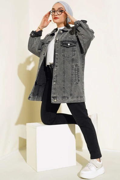 Omuzu Taşlı Kot Ceket Füme - Resim 2