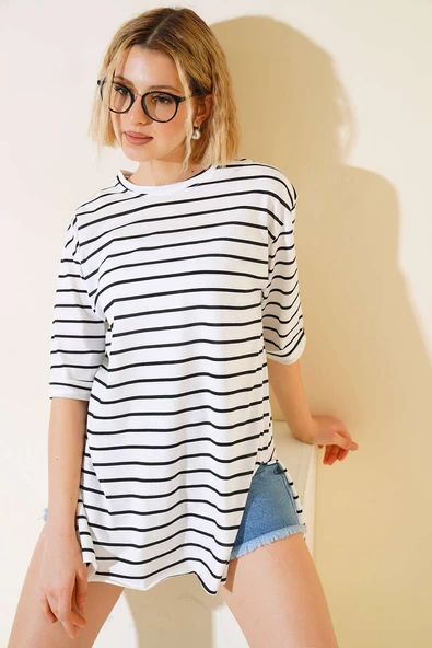 Çizgili Kısa Kol T-shirt Siyah - Resim 2