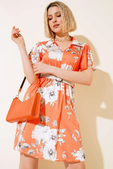 Gömlek Yaka Saten Elbise Oranj - 2