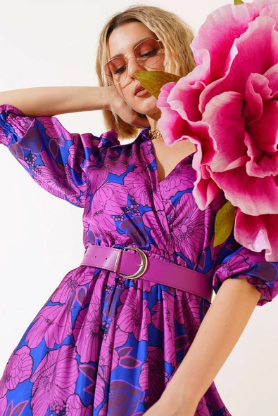 Kemerli Saten Elbise Menekşe - Resim 2