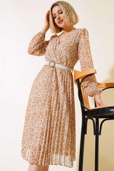 Çiçek Desenli Kemerli Elbise Bej - Resim 2