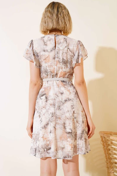 Kol Fırfırlı Şifon Elbise Bej - Resim 3