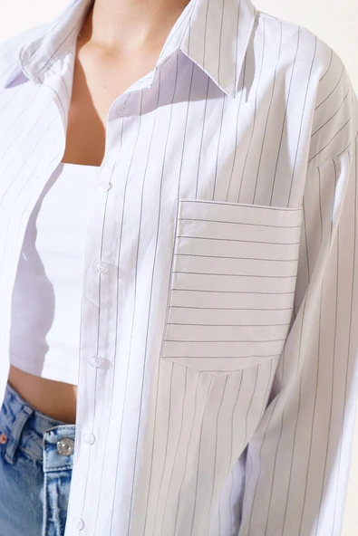 Tek Cepli Çizgili Gömlek Ekru - 4
