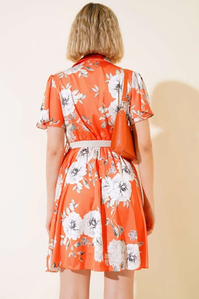 Gömlek Yaka Saten Elbise Oranj - 3