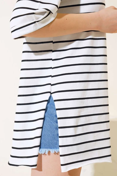 Çizgili Kısa Kol T-shirt Siyah - Resim 4