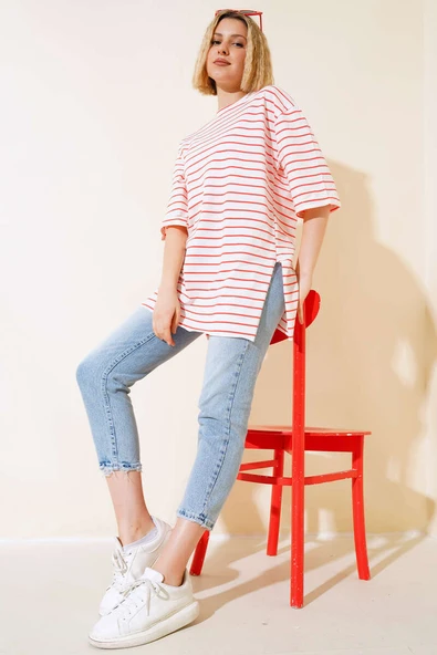 Çizgili Kısa Kol T-shirt Oranj - Resim 2