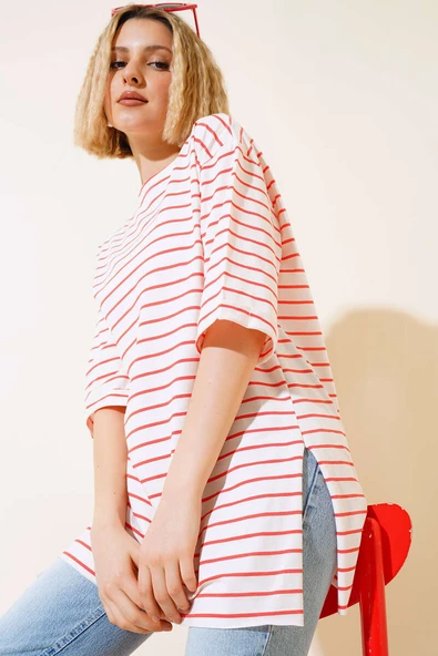 Çizgili Kısa Kol T-shirt Oranj ürün görseli 1